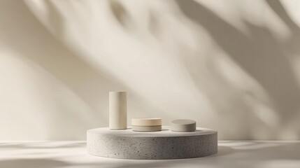 Poster - Geometric shapes and concrete pedestals create a platform for showcasing cosmetic products Minimal mock up design featuring empty space and an abstract composition in a 3D illustration