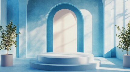 Poster - 3D rendering of a pedestal and showcase in an abstract minimal style featuring a blank space and a clean simple design suitable for a minimalist mockup