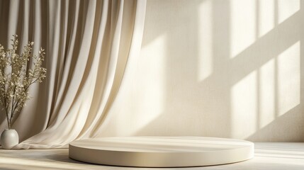 Poster - Neutral platform against a wall and curtain backdrop mockup setting for product display 3D rendering