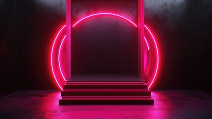 Poster - Dark podium display background with neon laser red and pink lights and a circular metal wall in a black theme 3D illustration rendering