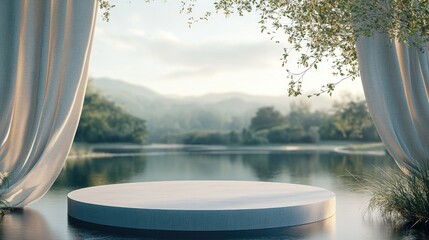Poster - 3D rendering illustration of a vacant podium display for product mockup with a natural backdrop