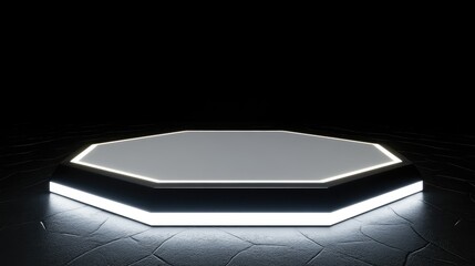 Poster - Blank hexagon product stand with a black background Futuristic display pedestal illuminated 3D rendering