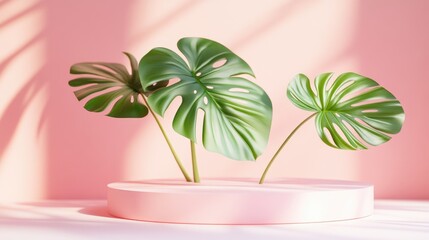 Poster - Empty pink podium with monstera leaf in a white setting for contemporary stage presentation and minimalist mockup abstract display background 3D illustration or render concept