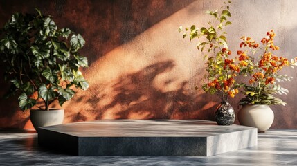 Poster - Hexagonal shaped podium display stage featuring a home plant ornament in 3D rendering