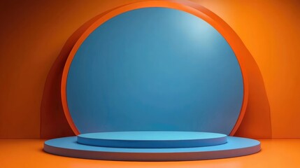 Poster - Blue podium display for award presentation on an orange backdrop 3D rendering