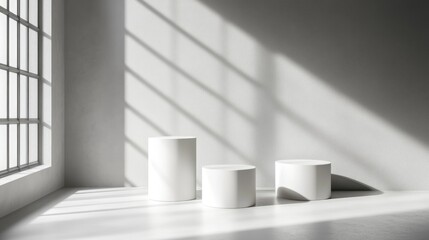 Poster - Abstract gradient gray background featuring modern minimalist white cylinder pedestals designed for product display 3D rendering