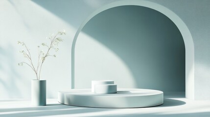 Poster - Light blue backdrop featuring a podium and minimal wall design blending abstract shapes in pastel hues Modern platform for showcasing 3D products illustrated in a contemporary style