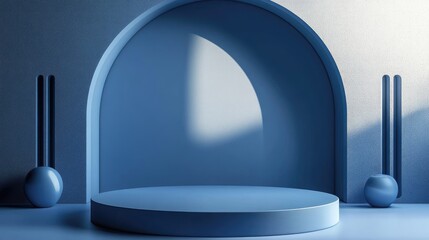 Poster - 3D blue cylindrical podium with a minimalist studio backdrop Abstract geometric shape illustration rendering Display for technology products