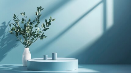 Poster - Blue backdrop featuring a pedestal and a display case blue stage platform podium for product presentation 3D rendering