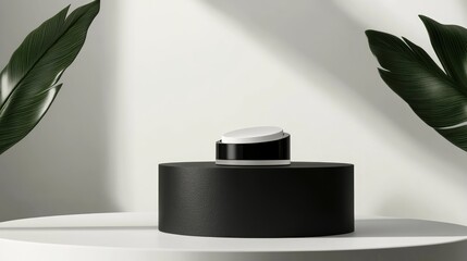 Poster - 3D rendering of a minimalist background for cream cosmetic products with a sleek black podium