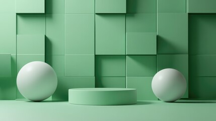 Poster - Minimalistic scene featuring a podium against an abstract backdrop Geometric shapes in green hues 3D rendering with geometrical forms a green backdrop and spherical lighting effects