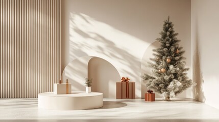 Aufkleber - 3D rendering of an abstract minimalistic mock up scene featuring geometric podium shapes for showcasing cosmetic products complemented by a festive tree and gift box in a studio interior setting f