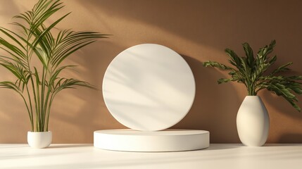 Poster - Minimal white podium against a brown backdrop for product display 3D rendering