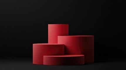 Poster - Pastel red cylindrical podium with steps set against a black background 3D render of an abstract geometric pedestal for product presentation Minimalist scene