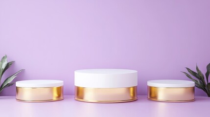 Poster - 3D render of a blank white and gold podium set against a light purple wall background