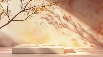 Aufkleber - Podium display against a soft pastel stucco backdrop Abstract geometric arrangement featuring a branch and shadow on the wall 3D rendering Suitable for exhibitions presentations and product brandi