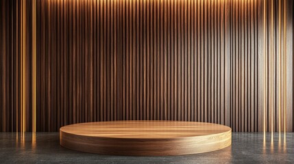 Poster - 3D rendered background wall featuring a brown wooden podium