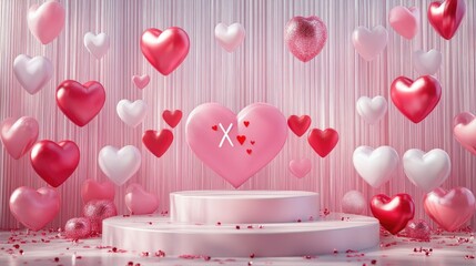 Poster - Valentine s Day backdrop featuring a realistic 3D stage podium adorned with festive decorative elements heart shapes XO symbols and a love themed pink holiday banner