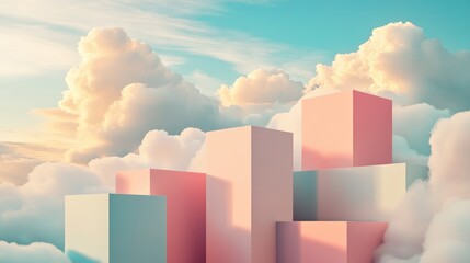 Poster - Abstract 3D Shapes with a Soft Color Palette against a Cloudy Sky 3D Render