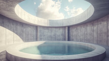 Poster - Empty circular concrete podium with a pool 3D rendering of an abstract interior featuring a curved skylight
