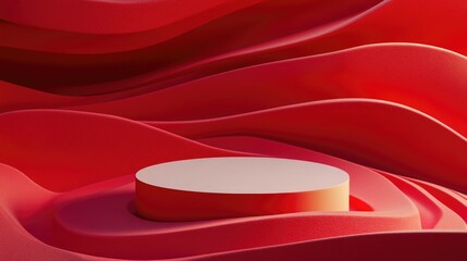 Poster - 3D abstract background in traditional style featuring a product podium mockup on a vibrant red backdrop 3D rendered illustration