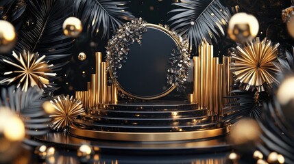 Aufkleber - 3D rendering illustration of digital art representation Non fungible token features podium palm and geometric shapes in the background Black and gold color scheme