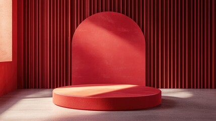 Poster - 3D rendered background featuring a striking red studio podium designed for promotional product displays and presentations