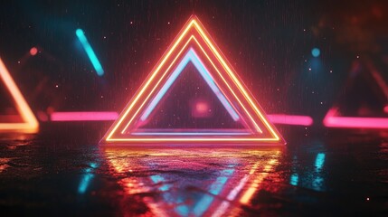 Fototapete - Colored neon glowing inverted pyramid in darkness 3D rendering Abstract helium delta at the vertex with luminous lines Triangular diode frame illuminated by lasers 3D illustration