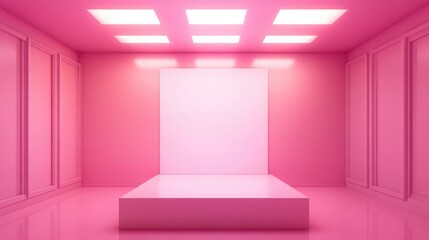 Aufkleber - 3D illustration of a pink square room with a white platform podium stage backdrop