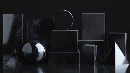 Poster - Arrange geometric shapes featuring glossy black textures and reflective surfaces against a dark backdrop 3D render