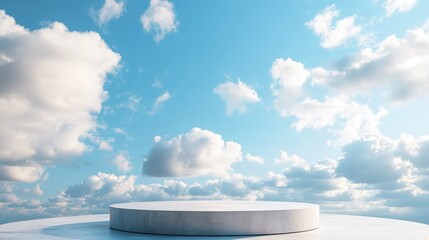 Poster - Empty cylinder podium against a blue sky for contemporary stage display and minimalist mockup abstract showcase background 3D illustration or 3D render concept