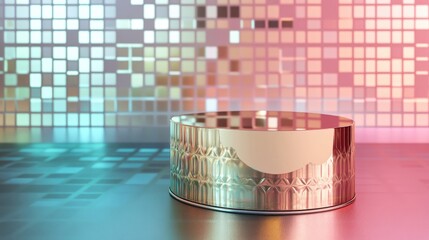 Poster - Metallic podium with reflections geometric designs art deco influence in pastel shades Display for cosmetic items 3D rendering