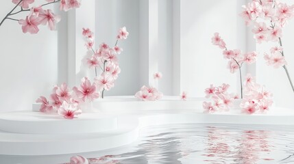 Poster - Podium featuring water and floating flowers on a white backdrop Mockup for product and cosmetic displays Evokes a summer or spring atmosphere with blossoms Pedestal or platform ideal for beauty it