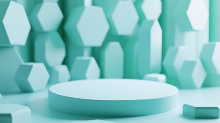 Poster - 3D minimal studio background featuring a blue green hexagon podium Abstract geometric shape illustration for showcasing technology medical and scientific products