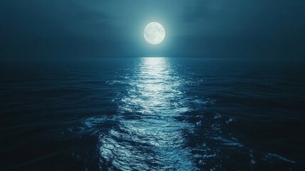 silvery moonlight across sea expanse, ocean water surface with reflection, night casting blue toward