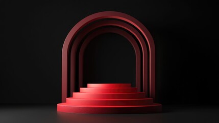 Poster - Pastel red cylindrical podium with steps set against a black background 3D render of an abstract geometric pedestal for product presentation Minimalist scene