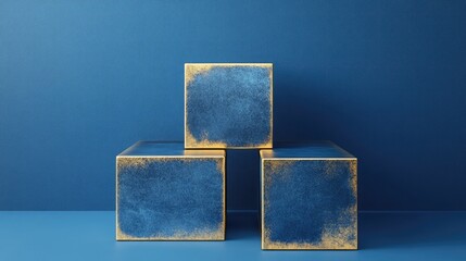 Aufkleber - Blue and gold cube podium on a blue background Abstract minimal geometric shape in a studio setting Mockup space for product design display 3D rendering