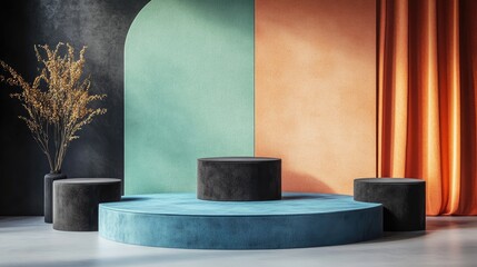 Poster - Cosmetic backdrop in black blue and orange with a premium podium for product showcasing branding and packaging Studio stage 3D rendering