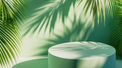 Poster - Tropical podium background for showcasing products featuring palm leaf shadows 3D rendering from an overhead perspective