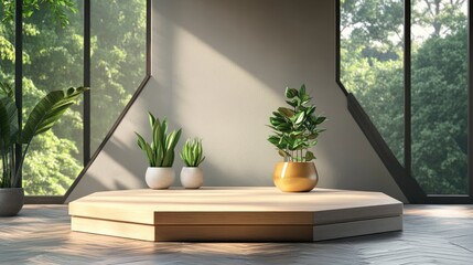Poster - Hexagonal shaped podium display stage featuring a home plant ornament in 3D rendering