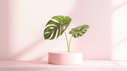 Poster - Empty pink podium with monstera leaf in a white setting for contemporary stage presentation and minimalist mockup abstract display background 3D illustration or render concept