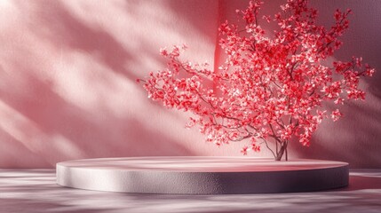 Poster - 3D render of an abstract podium display featuring a pink floral arrangement for product promotion