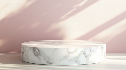 Poster - 3D podium display platform with marble stone texture Cosmetic product background with pastel shadows on a minimalistic stage featuring an empty pedestal mockup in an abstract studio setting