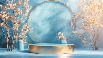 Poster - 3D rendering featuring a blue and gold podium within a minimal abstract background showcasing a geometric shape in pastel tones ideal for product display