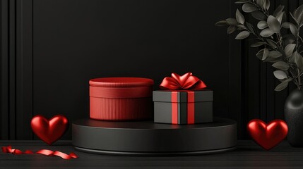 Aufkleber - 3D rendering of a Valentine s Day mock up podium display featuring a three dimensional gift box and a red heart on a black background presented as a horizontal image wallpaper