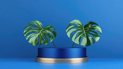 Poster - Blue cylindrical podium adorned with a gold border accompanied by two monstera deliciosa leaves against a blue backdrop Abstract minimalistic 3D geometric representation suitable for a cosmetic di