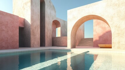 Poster - Abstract composition featuring geometric shapes an archway and a swimming pool under natural daylight in a minimal 3D landscape setting