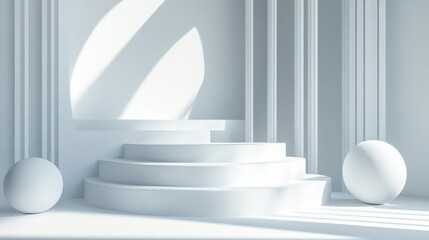 Poster - White podium with geometric shape on a white background designed for product display 3D rendering