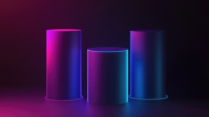 Poster - 3D purple and blue neon light cylinder podium set against a minimal dark gradient background Abstract 3D geometric shape illustration rendering Suitable for showcasing party or technology products