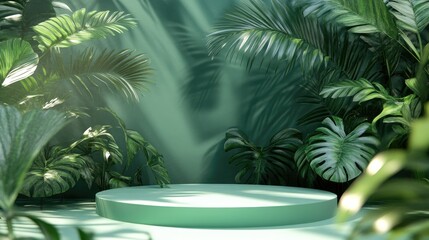 Poster - Mint green contemporary podium stage featuring tropical foliage for product showcasing 3D render
